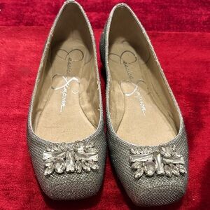 Jessica Simpson Glitter Silver Flats w Embellishments new;high quality not worn